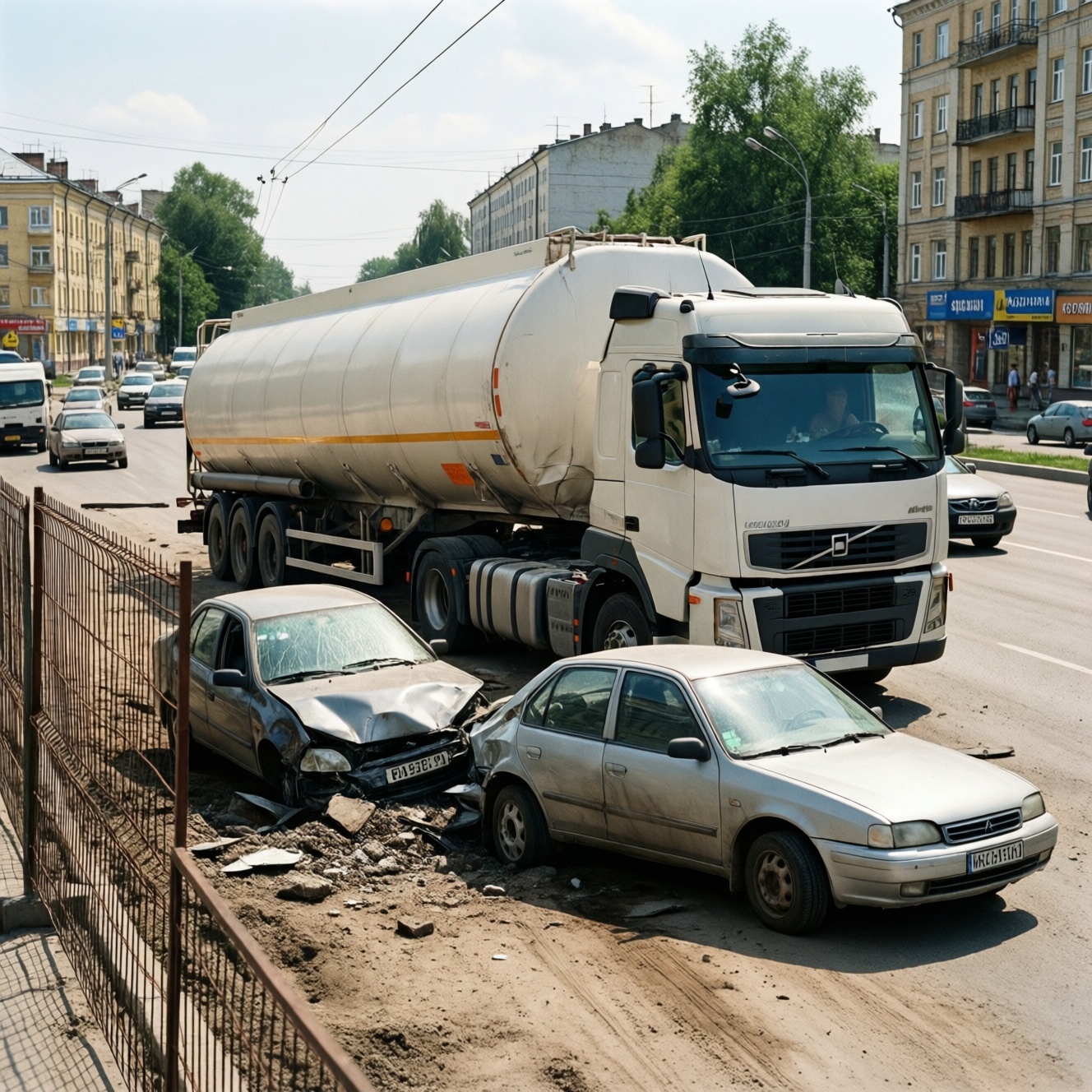 ДТП в Воронеже: автоцистерна столкнулась с двумя автомобилями и врезалась в ограждение стройки